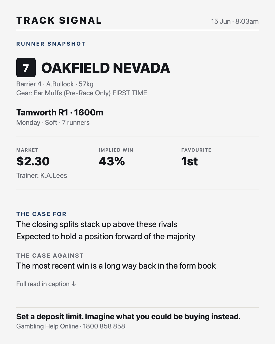 Oakfield Nevada, Race 1 — Track Signal tip card